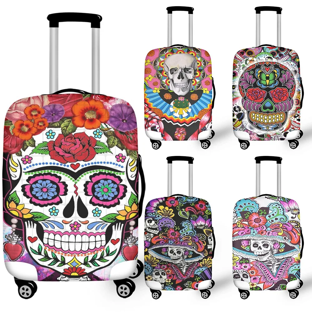 

Floral Sugar Skull Print Suitcase Cover Travel Accessories Multicolored SKeleton Ladies Holiday Trolley Luggage Case Stretchable