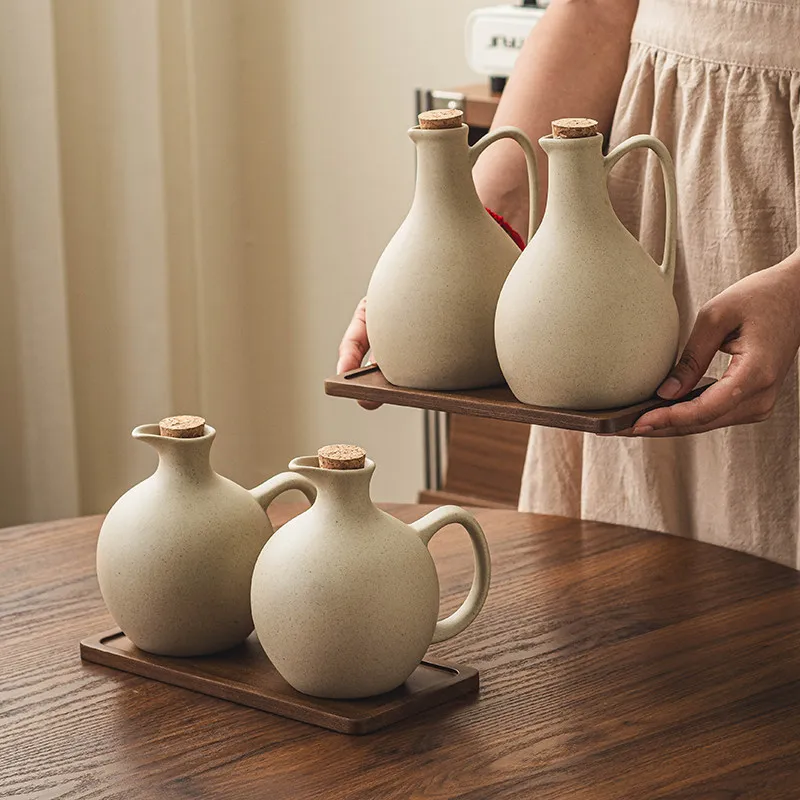 Dosificador de Aceite de Oliva de Cerámica con Corcho, Botella de Aceite Beige Mate con Asa, Botella de Condimento Retro para la Encimera de la Cocina