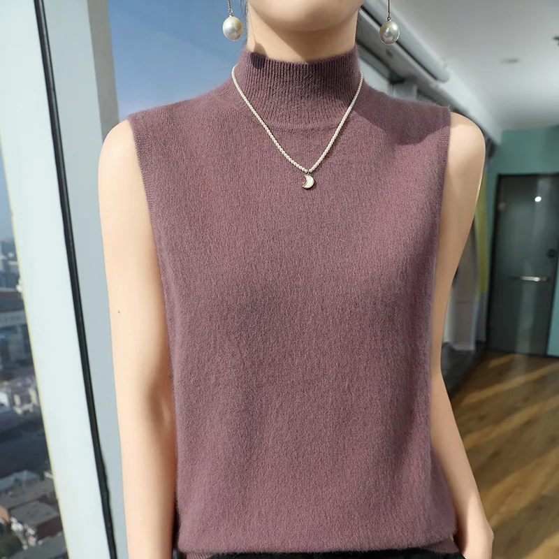 2024 Autumn/Winter Women's Half Turtleneck Sweater 100% Pure Mink Cashmere Waistcoat Sleeveless Knit Outside Fashion Wear Vest