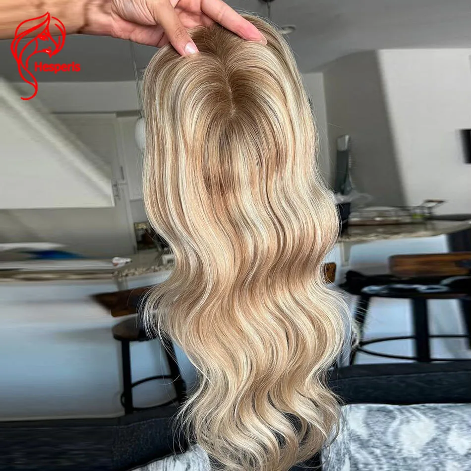 Hesperis Luxury Highlight 5x6" Full Mono Base Rooted Blonde European Hair Topper Free Part Human Virgin Hair Toupee For Women