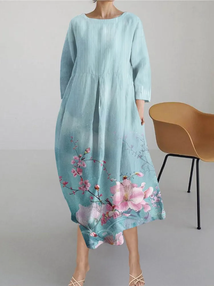 

Осенние женские повседневные платья с цветочным принтом, женское платье миди с круглым вырезом и рукавом три четверти, богемное пляжное женское платье