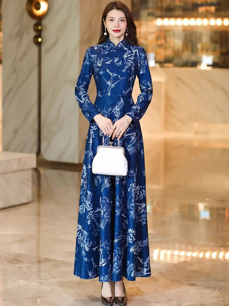 New Women Chinese Style Blue Print Dress Spring Autumn Fashion Elegant Cheongsam Collar Long Sleeve