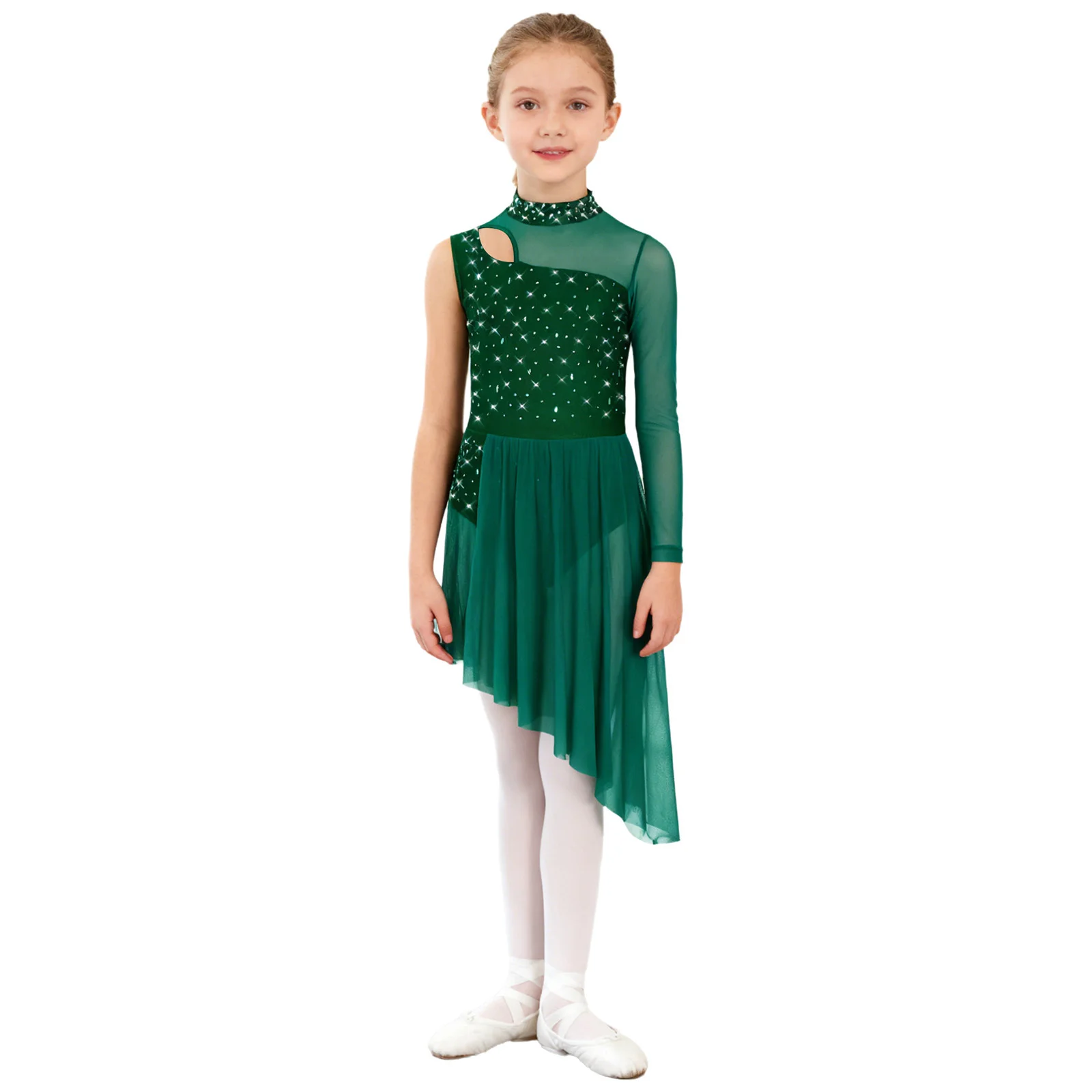 

Kids Girls Modern Lyrical Dance Dress Asymmetrical Mock Neck Cutout Mesh Patchwork Shiny Rhinestones Side Split Leotard Dress