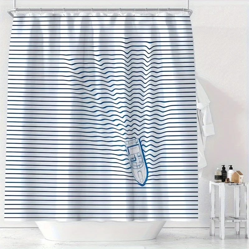 Nautical Blue Stripe & Boat Print Shower Curtain - Waterproof, Machine Washable with Hooks Included - Perfect for All Seasons Sh