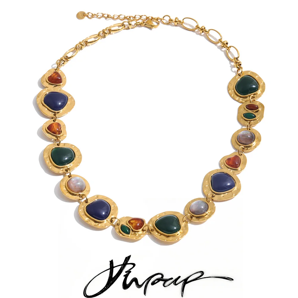 Yhpup Stainless Steel Colorful Resin Chain Statement Necklace Autumn Winter Style New Arrivals Collar Jewelry