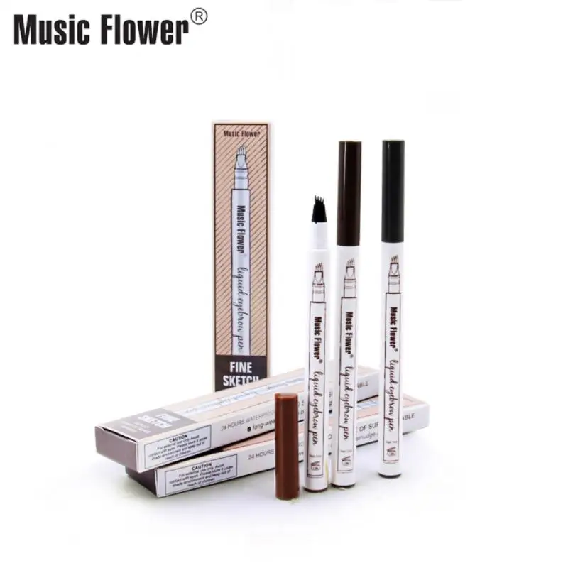 قلم وشم الحواجب Microblading مكون من 4 ألوان من Music Flower، قلم حواجب طبيعي طويل الأمد مقاوم للماء بطرف شوكة بني