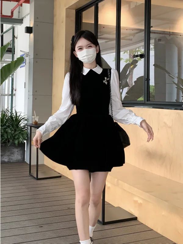 Academy style contrasting color fake two-piece doll necked dress for women spring and autumn new sweet waistband slimming WRR3