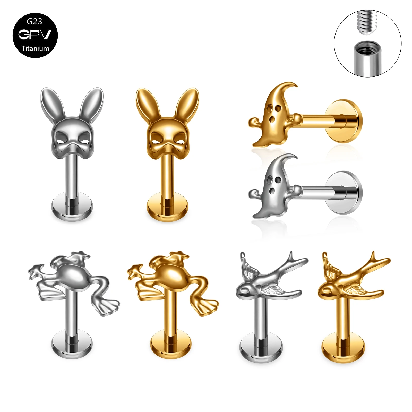 ASTM G23 Titanium Ear Nails Small Animal Rabbit Ghost Frog Plated 18K Gold Ear Cartilage Nails Male and Female Puncture Jewelry