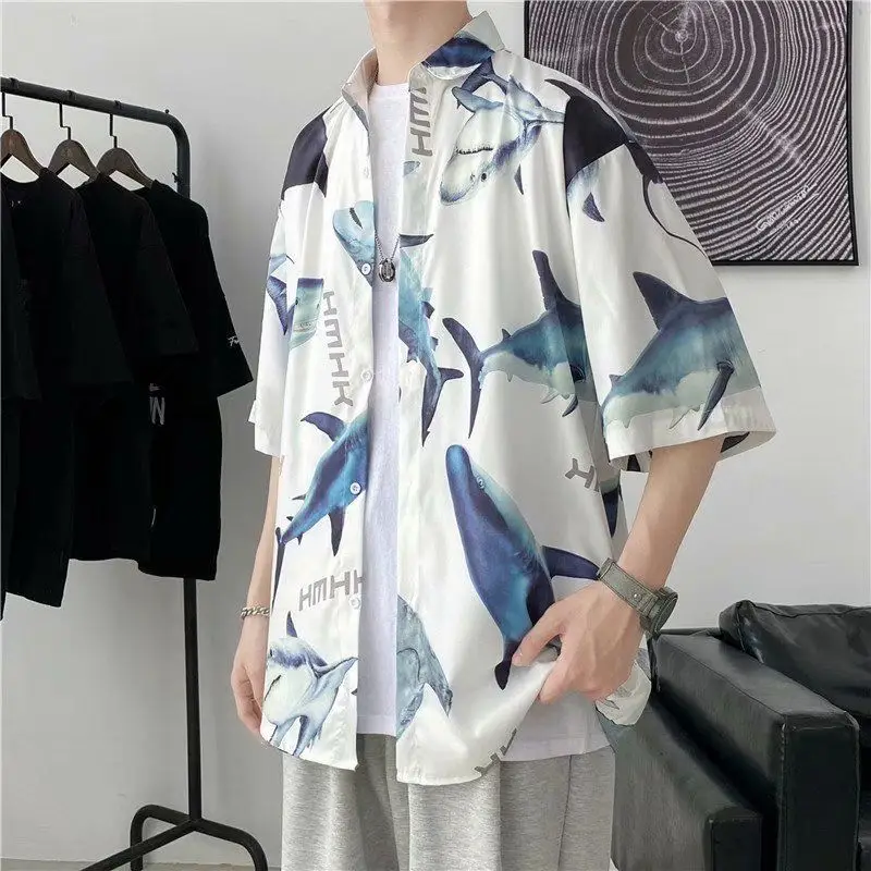 

Elegant Fashion Harajuku Slim Fit Male Clothes Loose Casual Sport All Match Outerwear Square Neck Printed Middle Sleeve Blusa