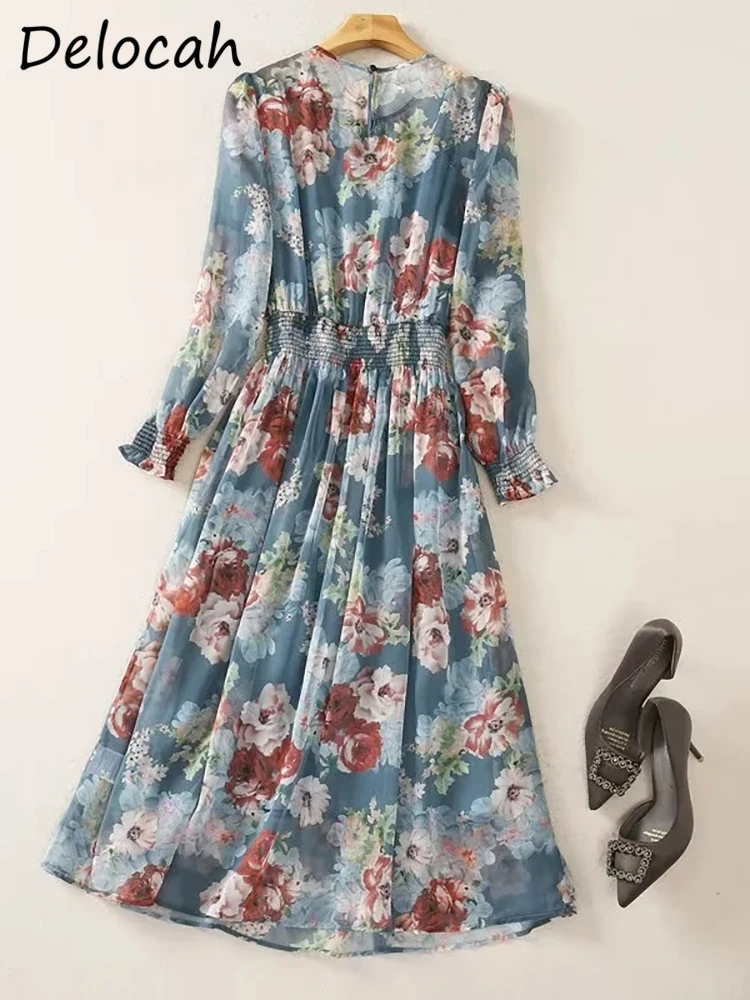 Delocah عالية الجودة الصيف النساء موضة المدرج عطلة فستان طويل الأميرة كيت فانوس كم طويل مرونة الخصر طباعة فستان