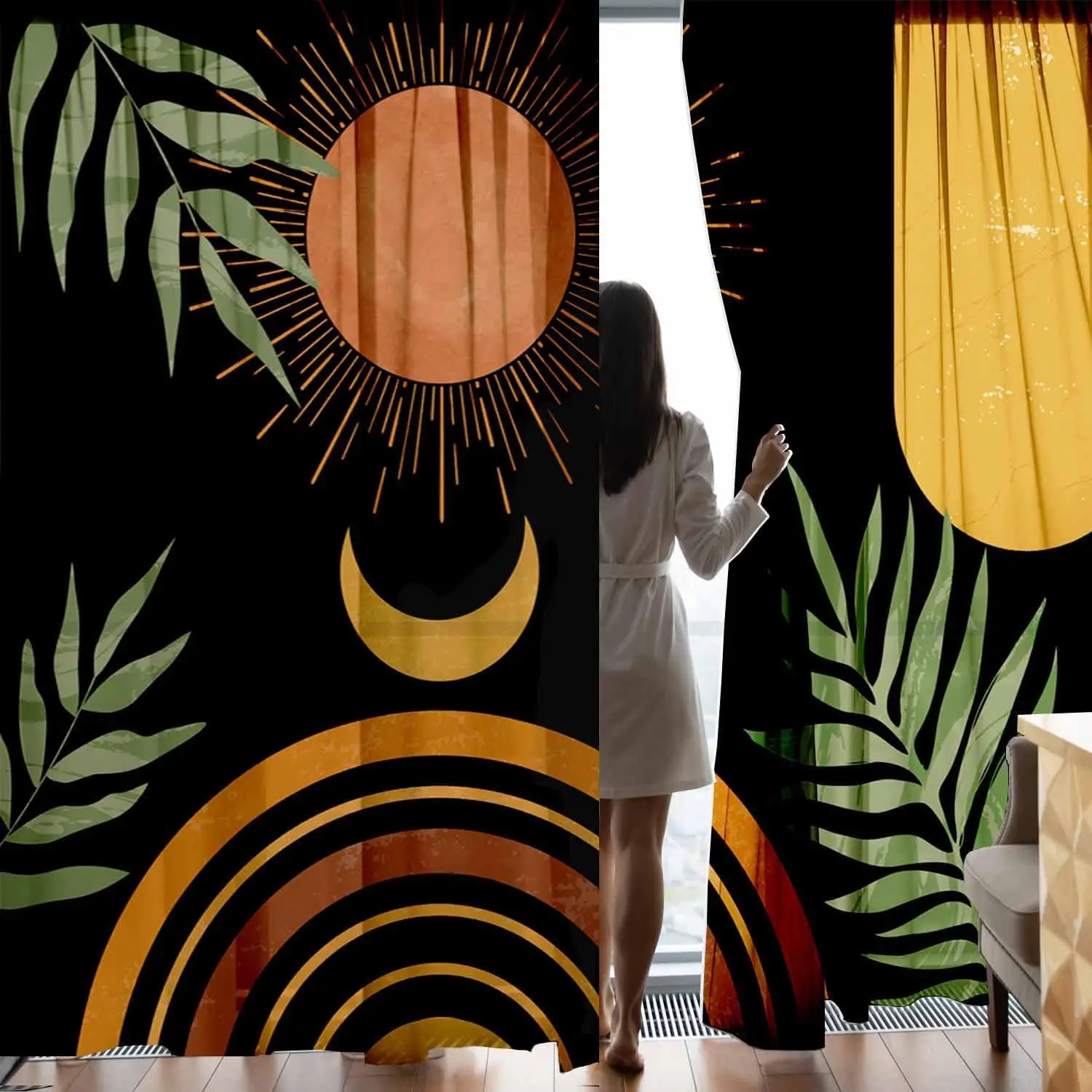 Black Mid Century Abstract Curtains Orange Boho Aesthetic Light Filtering Curtain for Living Room Vintage Curtain for Bedroom