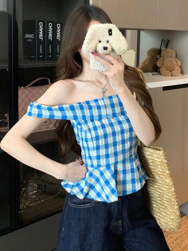 

Korean Style Sweet And Spicy Blue One-Shoulder Shirt Women's Slim Fit Summer Fashion Blouse with Ruffle Hemline