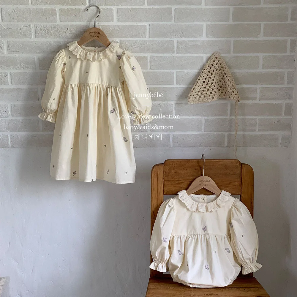 

High Quality Princess Floral Embroidery Dress Ruffle Lace Collar New Born Baby Long Sleeve Bodysuit Korean Autumn Sister Outfits