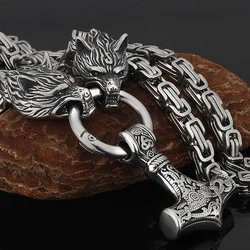 Nordic Wolf Head Men's Necklace Celtic Wolf Head Thor's Hammer Stainless Steel Pendant Necklace Jewelry Jewelry Gift Wholesale