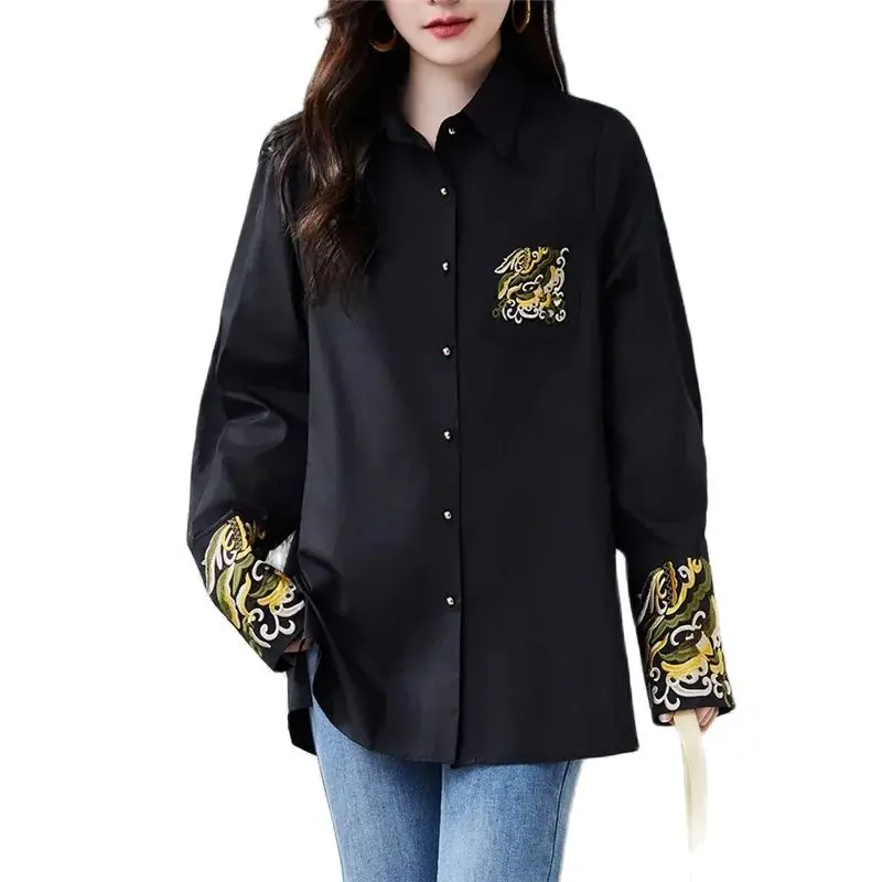 

Spring Summer Mid-Long Women's Shirt Tops 2024 New Fashion Loose Thin Embroider Coat Cardigan Black 5XL Outerwear Female