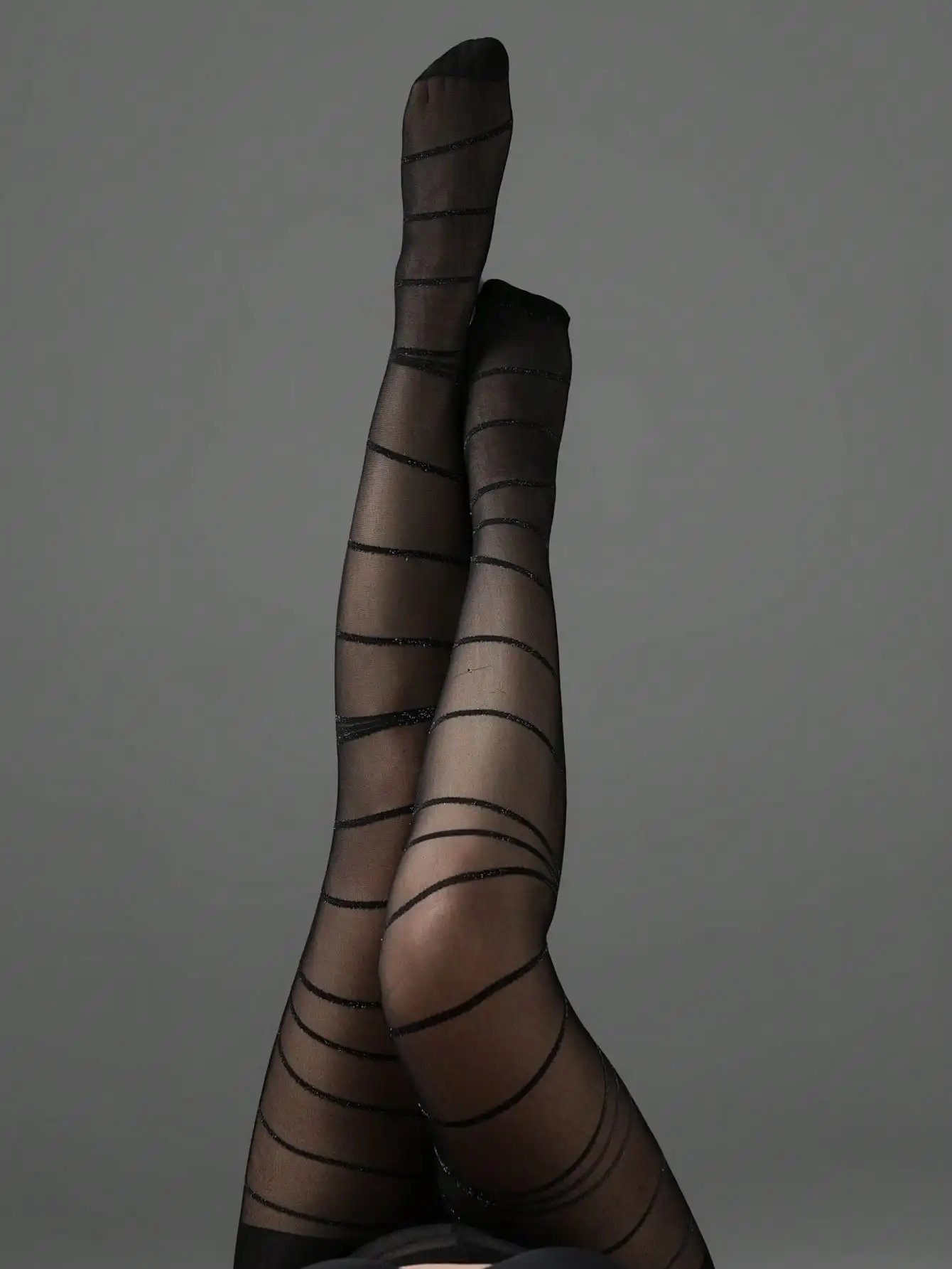 Women Black Sheer Pantyhose Silver Thread Striped Tights Diagonal Line Pattern Fashion Hosiery