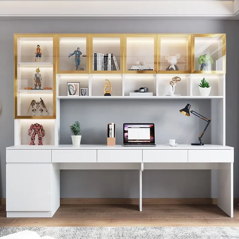 Solid wood, double, desk, bookshelf, integrated, household, bedroom, light luxury, simple