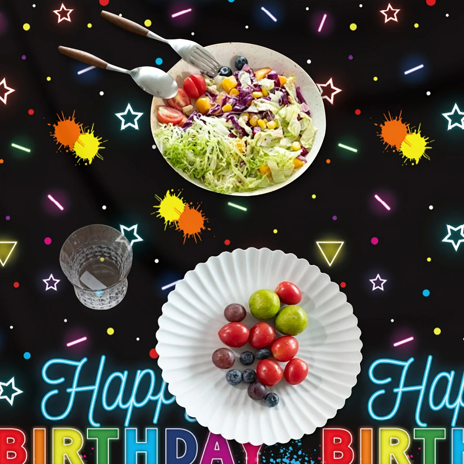 Tablecloths 1 piece - Black neon birthday theme tablecloth - Colorful splatter painting and star elementsxzj