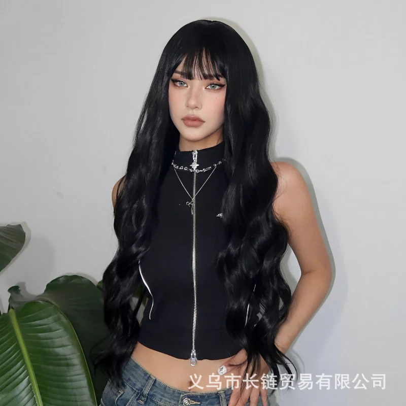 

Women's - black with bangs, wavy long curly hair, full head cover, manufacturer wig, motorcycle style, high-end