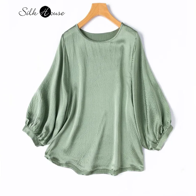 

2025 Women's Casual Summer New 19MM 100% Natural Mulberry Silk Pearl Satin Bean Green Loose Round Neck Lantern Sleeve T-shirt