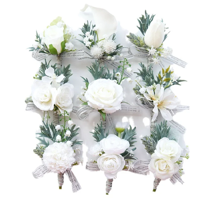 Boutonnière et corsage de poignet pour mariage, art floral, réunion d'affaires, invités d'ouverture, gris, blanc, forêt, série 482