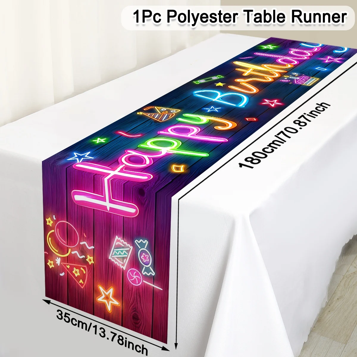Neon Happy Birthday Table Runner Balloons Lollipop Fluorescent Pattern Table Cover for Women&Men Glow in The Dark Table Decor