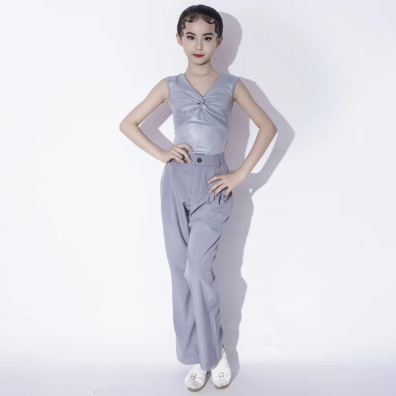 

Kids Latin Dance Clothes Girls Summer Sleeveless Silver Tops Gray Pants Cha Cha Rumba Ballroom Dance Practice Clothing DNV20577