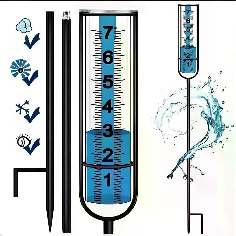 Glass Rain Gauge With 7 Inch Capacity Clear Scale And Sturdy Metal Stake Perfect For Garden Lawn Yard Use