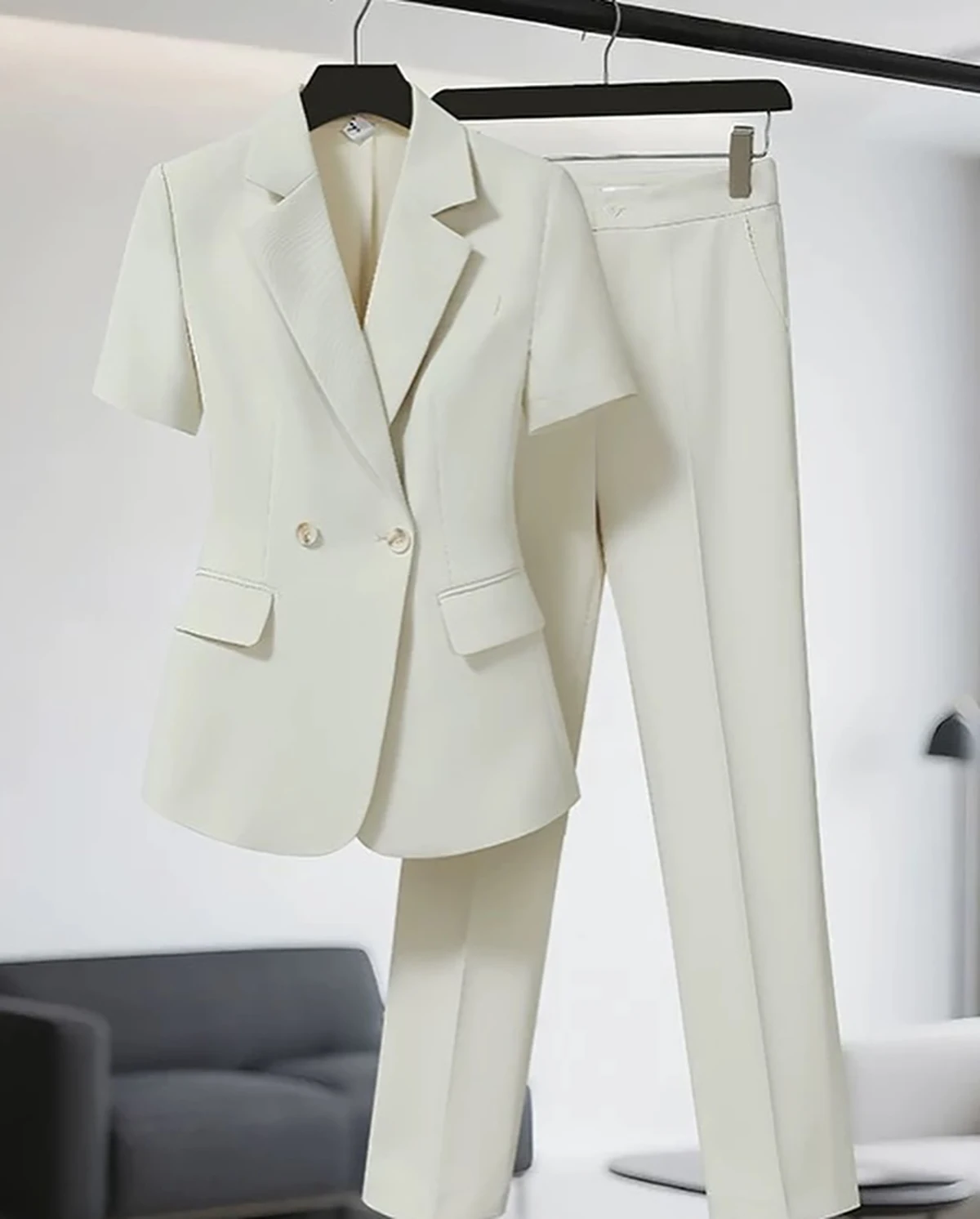 

Handmade Two Pieces Blazer Pants Women Suits Short Sleeves Notch Lapel Single BreastedSimple Business Office Women Customized
