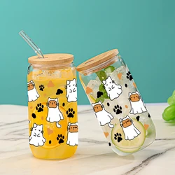 1pc Halloween Cute Cat Printed 16oz Glass Cup Mason Can Water Bottles With Bamboo Lid&Straw Drinking Glass Cup Halloween Gifts