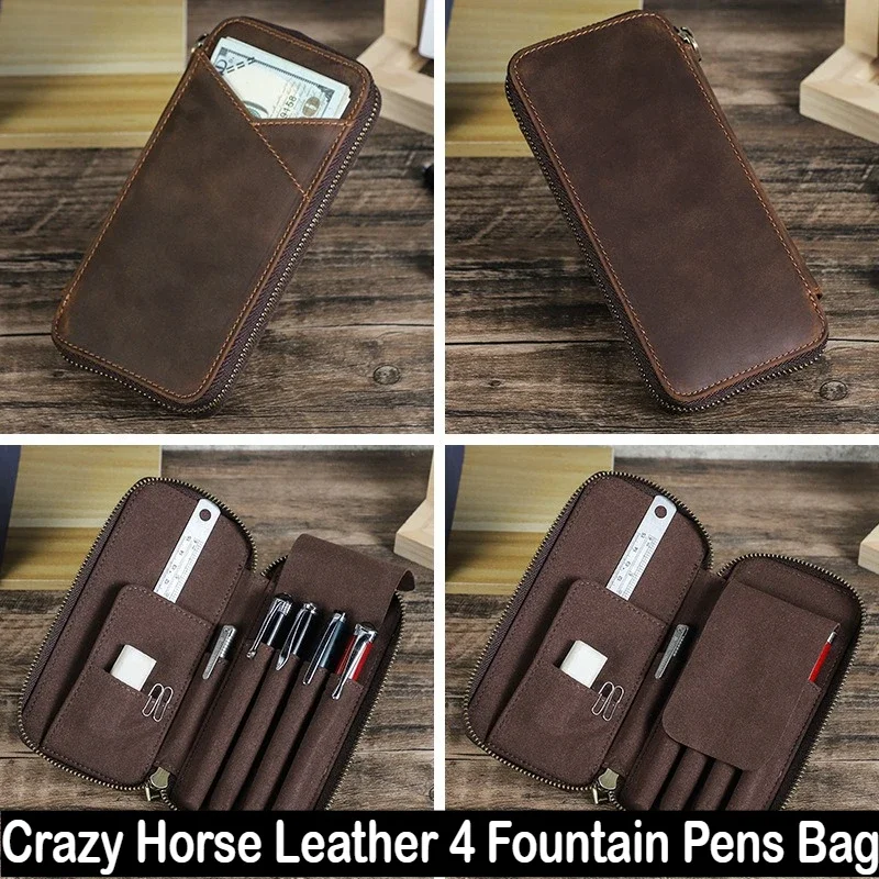 

Vintage Style Crazy Horse Leather Pen Case 4 Fountain Pens Handmade Multiuse Zipper Genuine Leather Pencil Bag School Stationery