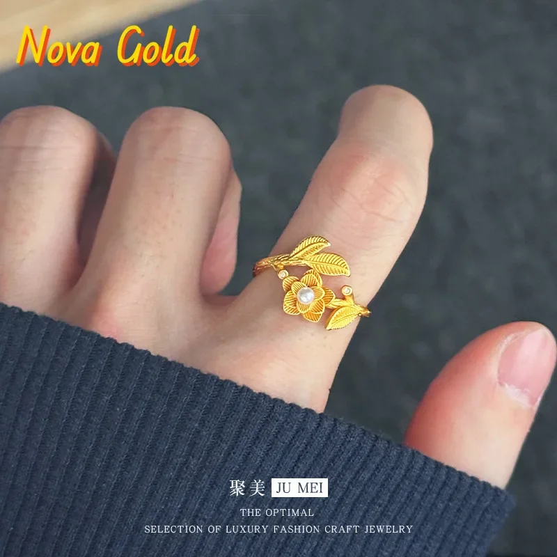 NovaGlod 9999 Real gold three-dimensional peony flower micro-inlaid pearl ring 24K new Chinese women's light luxury flower ring
