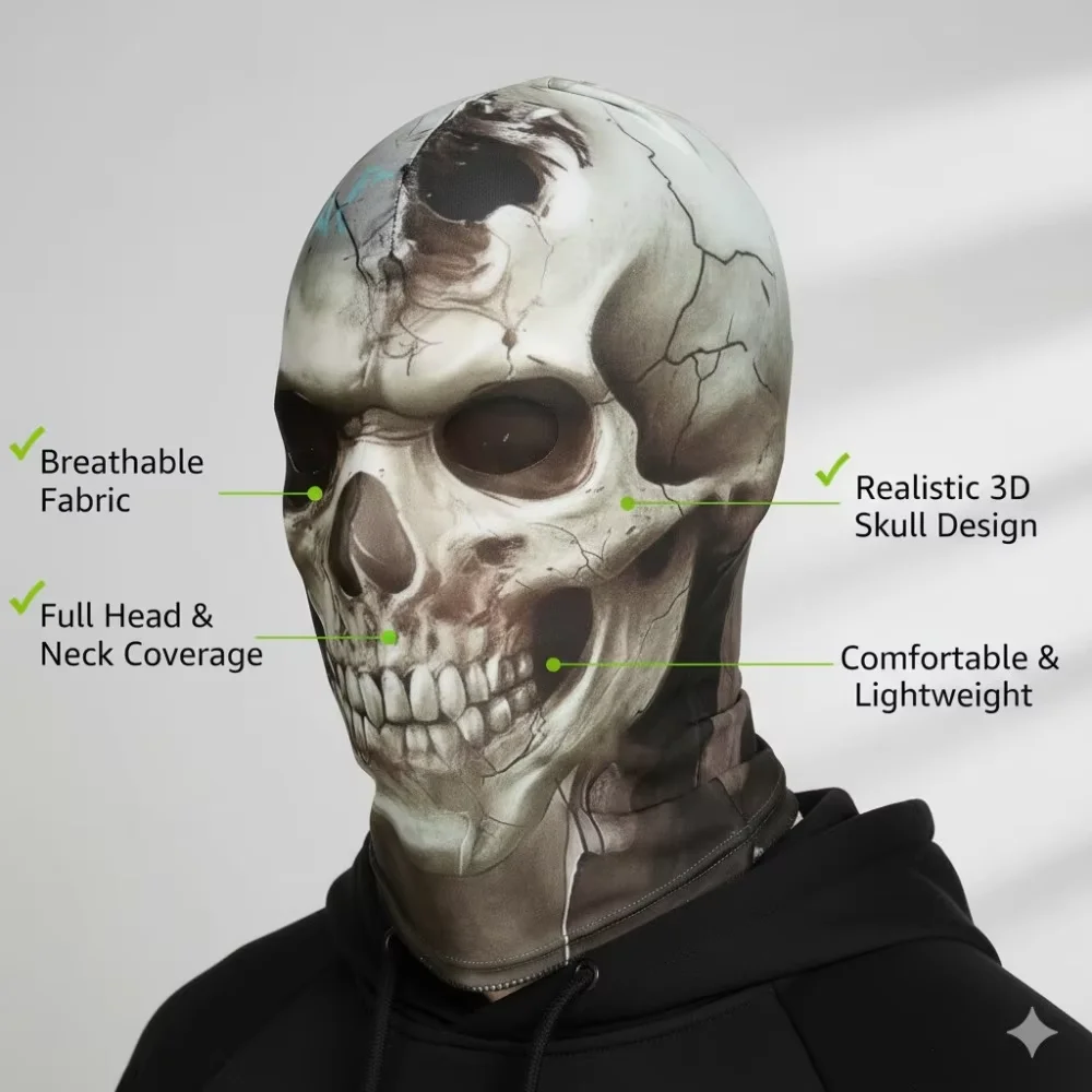 3Dリアルなデザインのスカル柄バラクラバマスク。伸縮性があり - 3D Printing Mask のレビューと価格