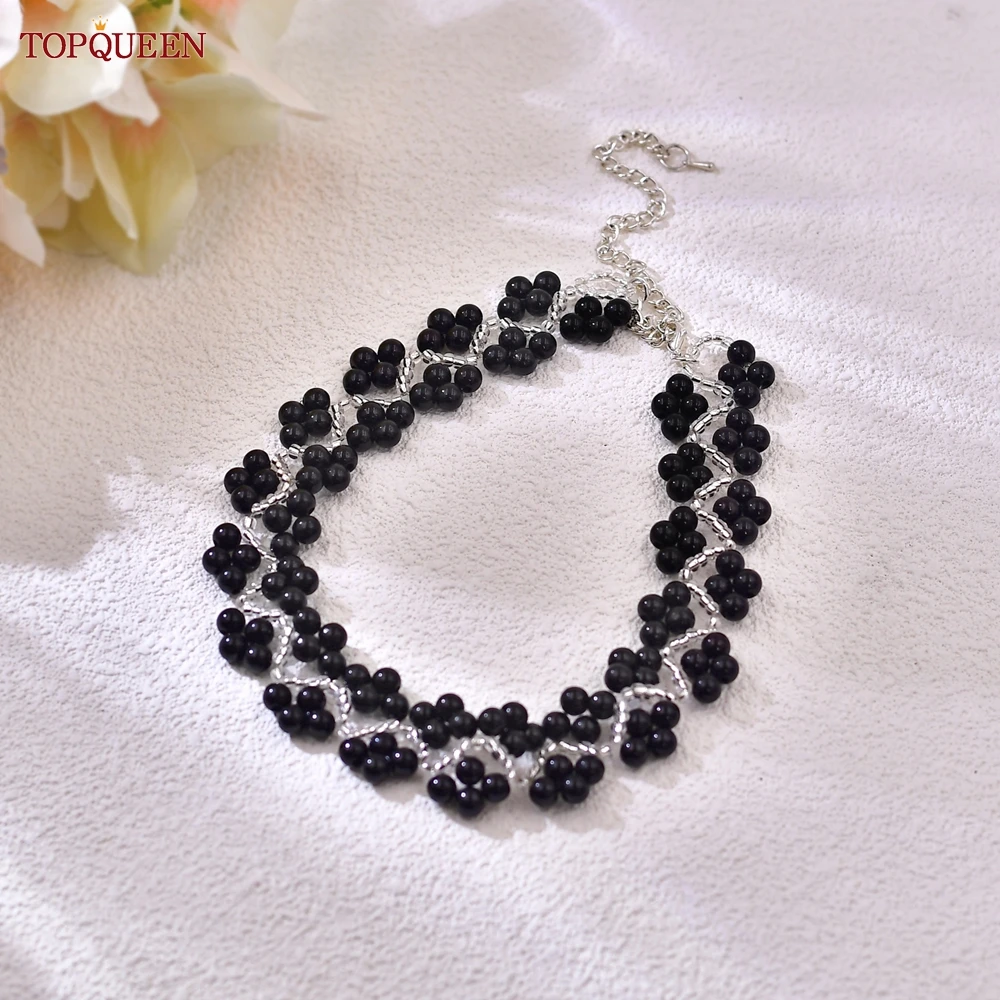 TOPQUEEN Imitation Pearl Black Beaded Necklace Hollow Chain Necklace Jewellery Accessories Suitable for Daily Wear and Party