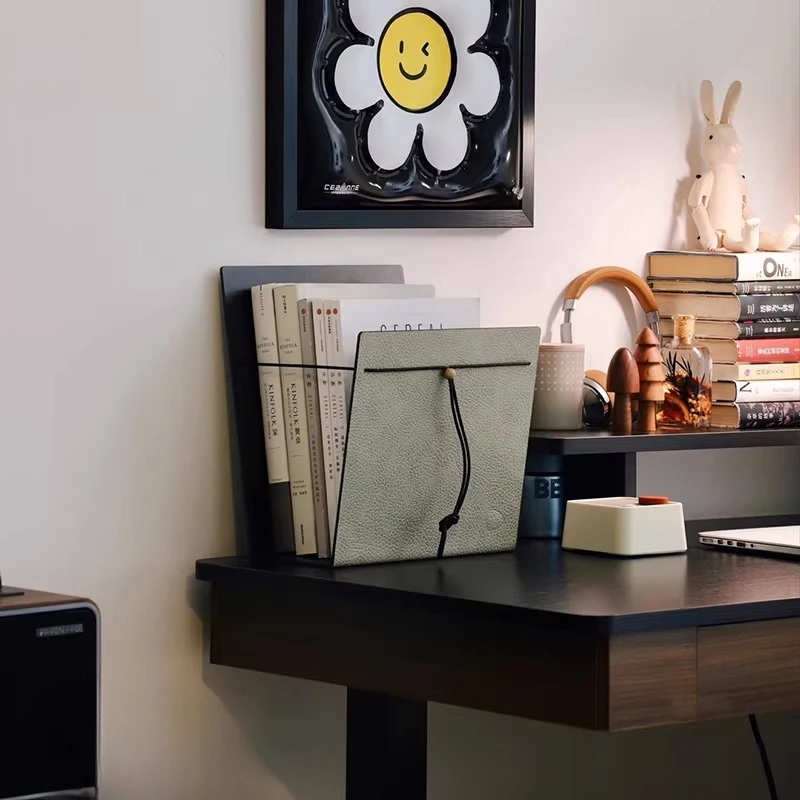 Leather book and magazine storage rack, document storage basket