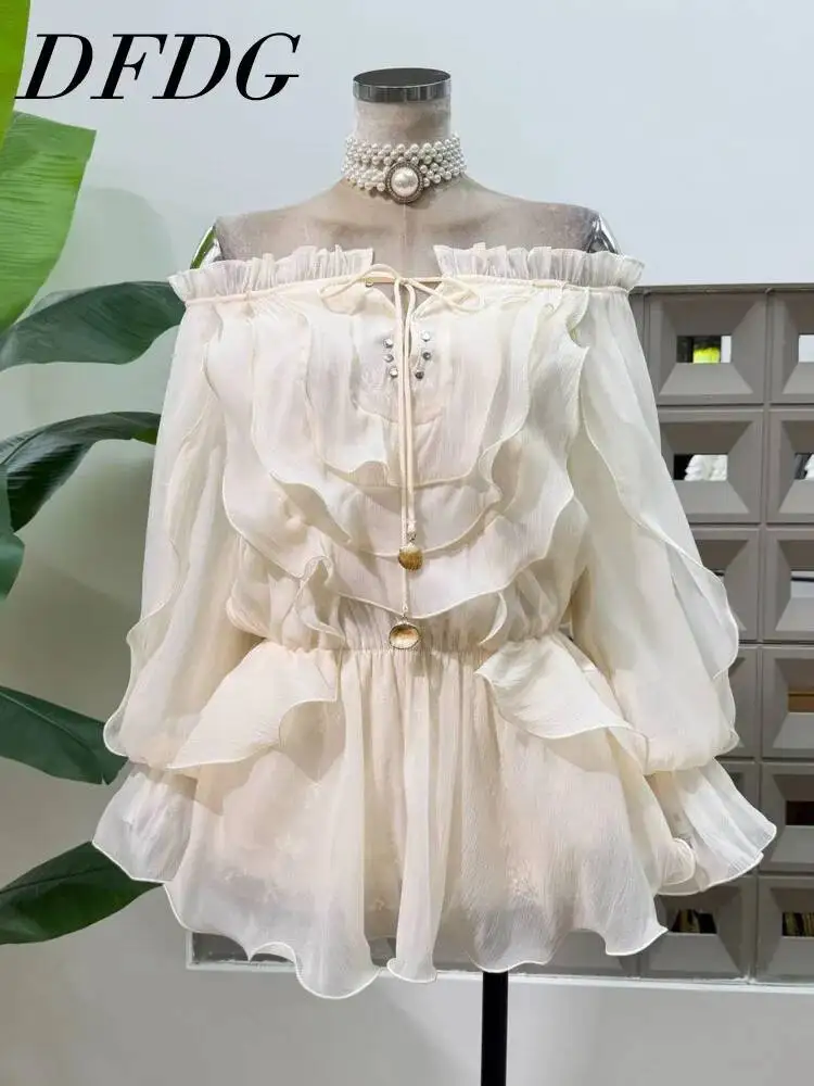 

DFDG Women 2026 Spring Summer Off Shoulder Ruffle Chiffon Dress Long Sleeve Tie Neck Elastic Waist Flared Hem Casual Party Dress