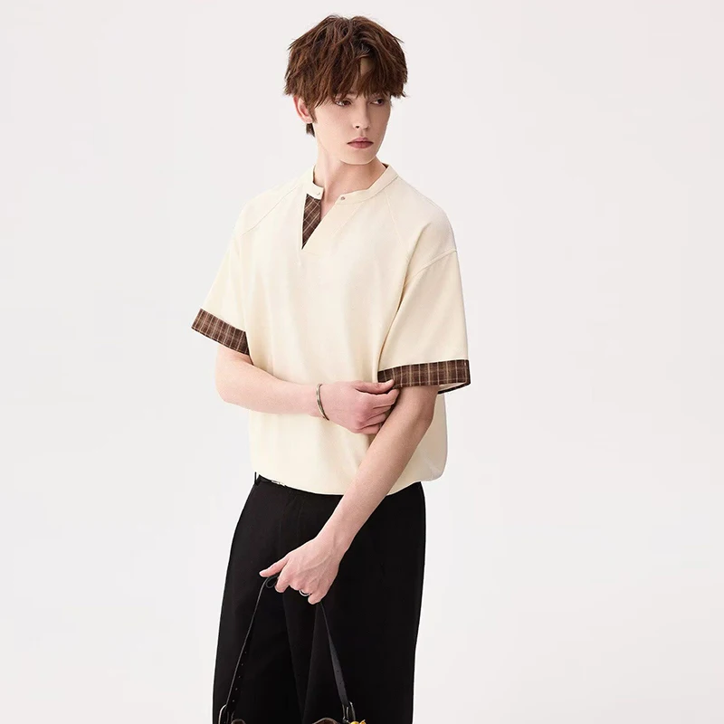 Men Retro Plaid Patchwork Contrast Short Sleeve T Shirt Loose Split Collar Half Sleeve Tee Niche Streetwear Casual Summer Top