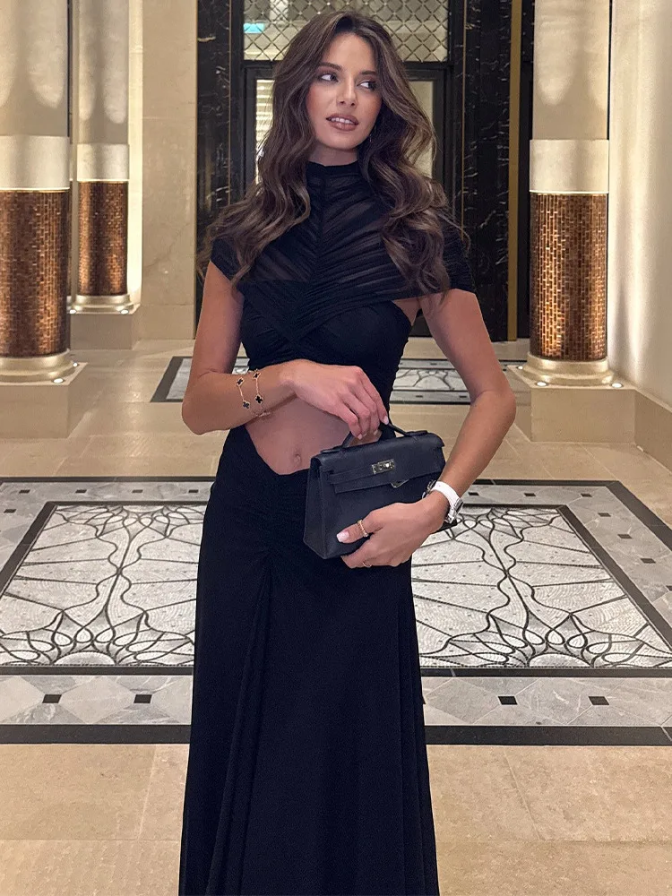 เดรสยาวรัดรูปผ้าตาข่ายรูดระบายสำหรับผู้หญิง ดีไซน์เว้าช่วงตัว เซ็กซี่ โปร่งบาง แฟชั่น เสื้อครอปท็อปเข้ารูป ทรงบอดี้คอน ยาว หรูหรา เหมาะสำหรับงานปาร์ตี้และสวมใส่ในชีวิตประจำวัน