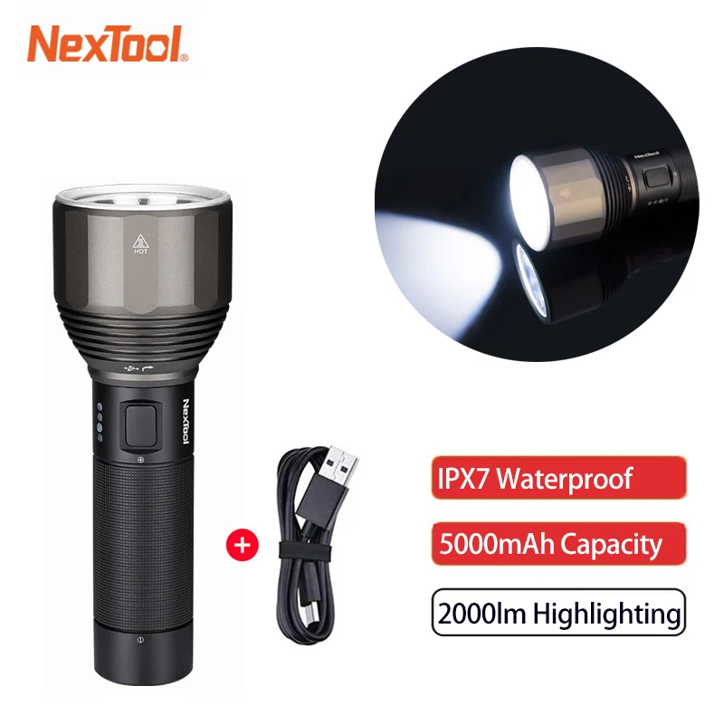 NexTool Flashlight Rechargeable 2000lm 380m 5 Modes IPX7 Waterproof LED Flashlight Rechargeable Torch Lamp for Outdoor Camping