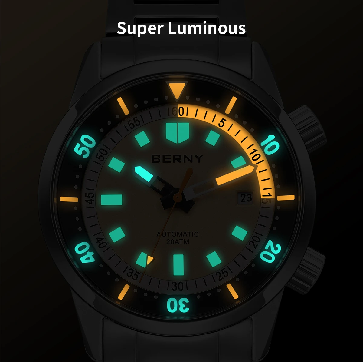 BERNY Automatische Taucheruhren für Herren, 20 ATM, superleuchtende mechanische Herren-Taucheruhr, Saphirglas, komplett aus Edelstahl – Detail 10