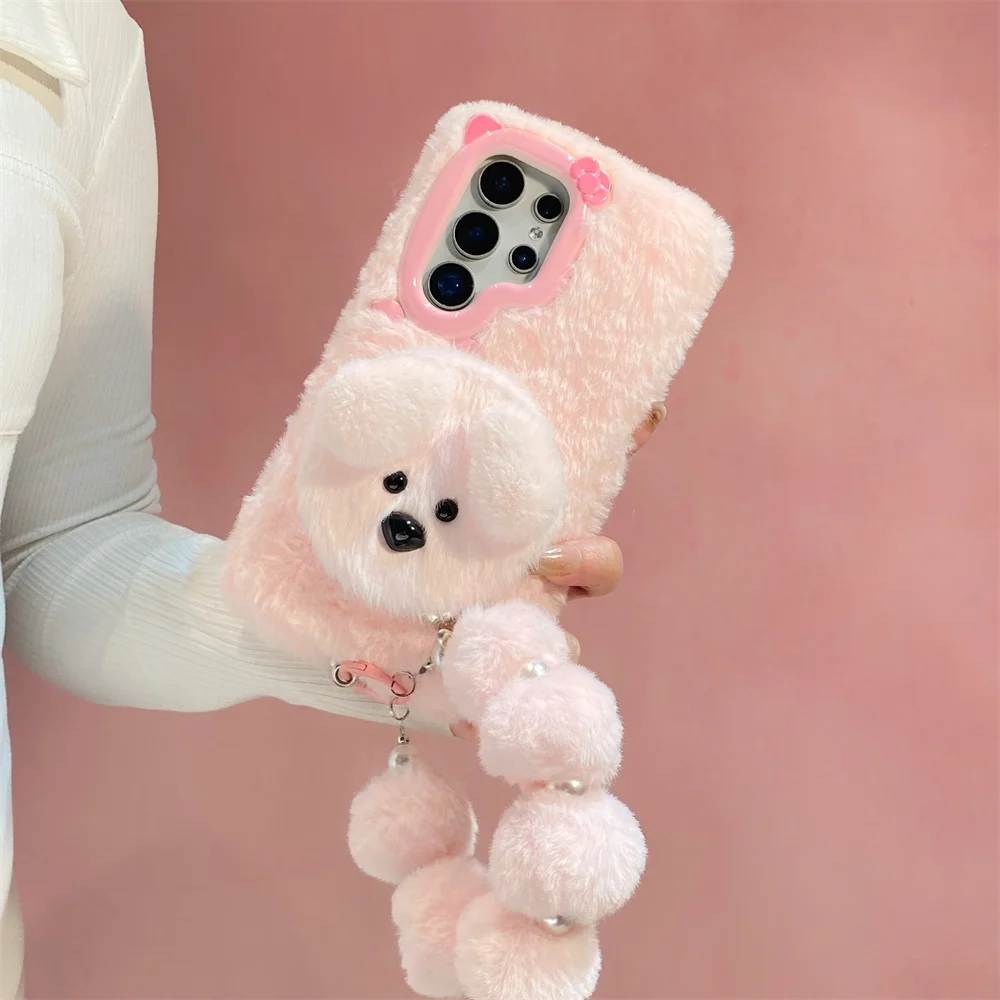 Cute Cartoon Puppy Flip Makeup Mirror Plush Phone Case for S26 Ultra Pom Pom Strap Protect Cover for Samsung Galaxy S25 S24 A57