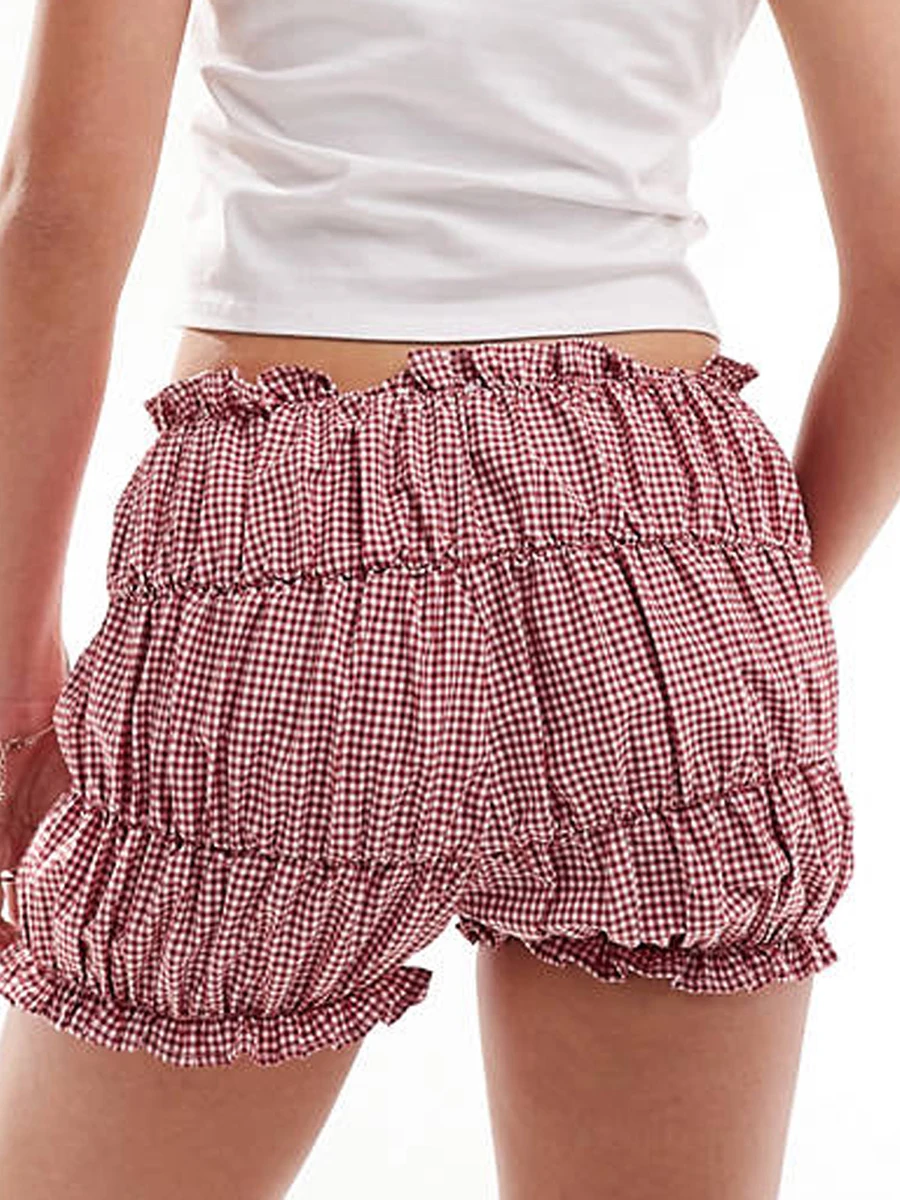 Women s Plaid Print Summer Shorts Frill Ruffled Low Waist Lounge Bloomers Short Pants