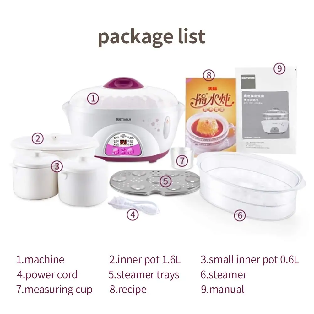 TIANJI Ceramic Stew Pot Steam Eggs Maker Soup Electric Crock Pot For Kictchen,1.6L,24h Preset