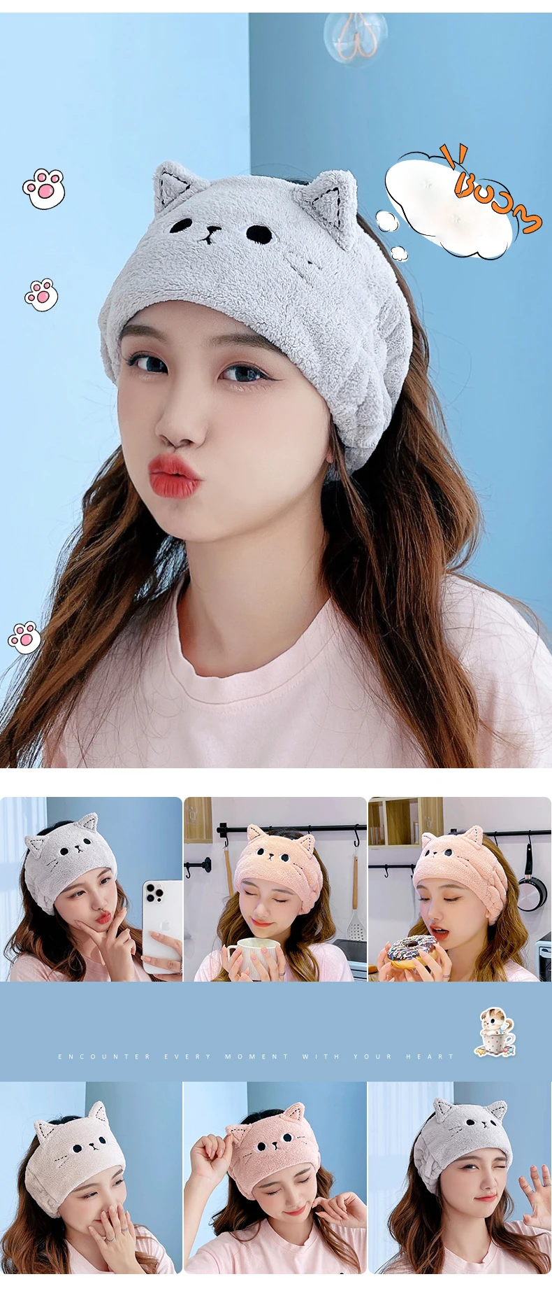 Katzen-Korallen-Fleece-Stirnbänder für Frauen, niedliche weiche Haarschleifen, Stirnband, Haarbänder, waschbares Gesicht, Make-up, Turbane, Bandage, Mädchen-Accessoires – Detail 4
