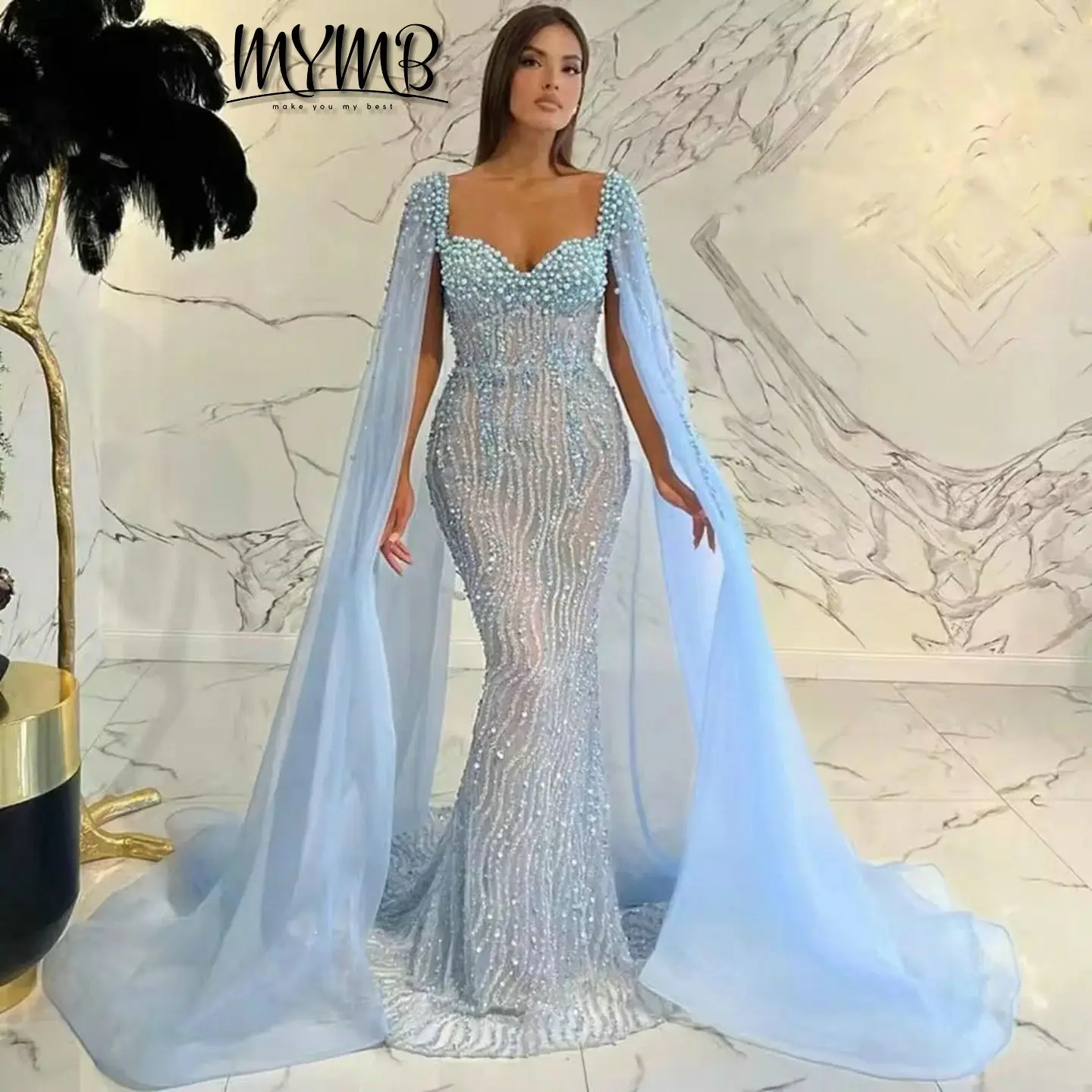 

MYMB Роскошные длинные тюлевые платья для выпускного вечера с изысканным жемчугом Элегантные платья русалки с блестками для свадебной вечеринки Платье для женщин MY30029