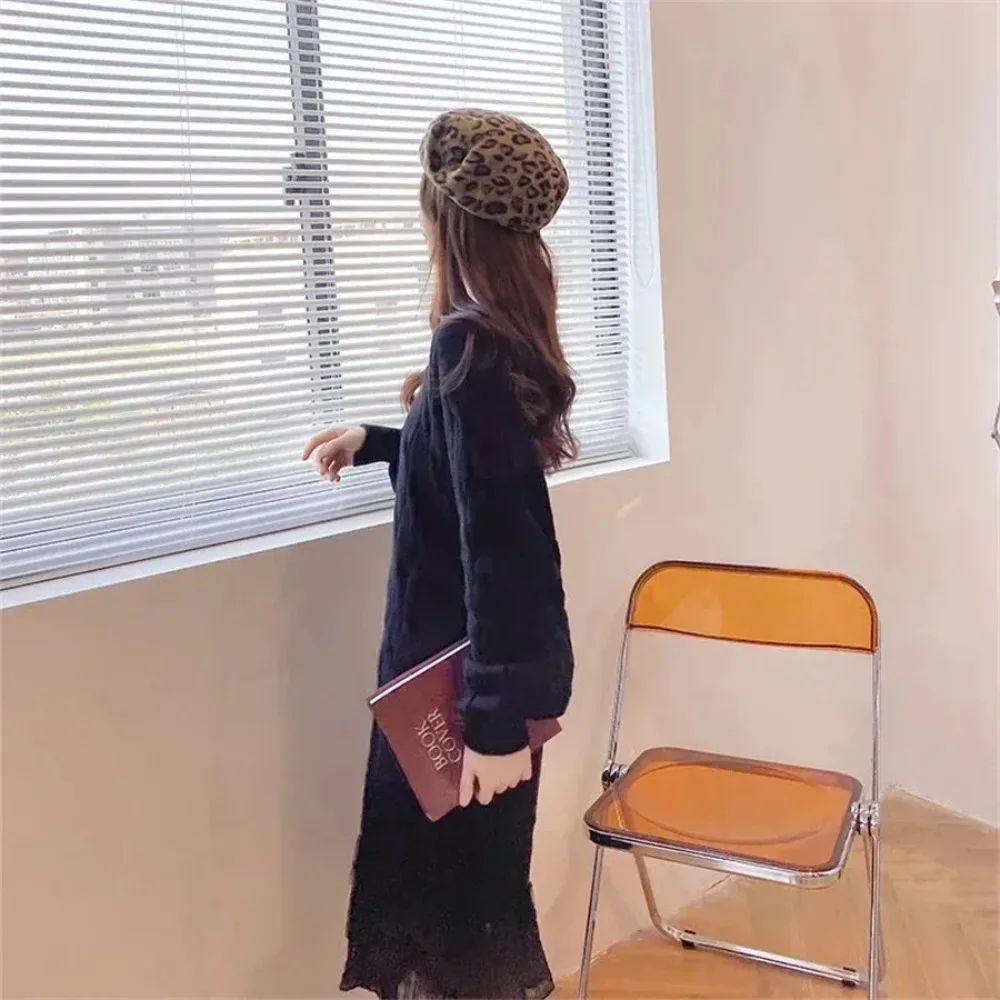 Vestido grueso de punto por debajo de la rodilla de encaje para mujer, suéter coreano cálido, Vestidos de punto de manga larga, nueva bata de otoño e invierno