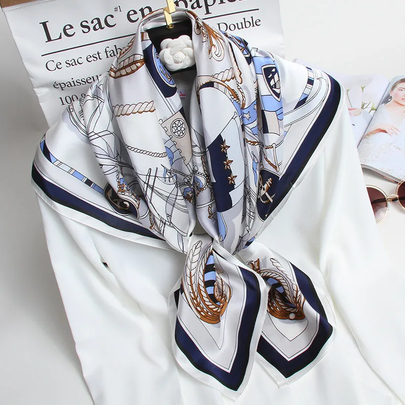 100% Natural Silk Square Scarf Women Luxury Designer Print Satin Head Scarf Large Bandana Pure Silk Scarf Echarpe Femme 88x88cm