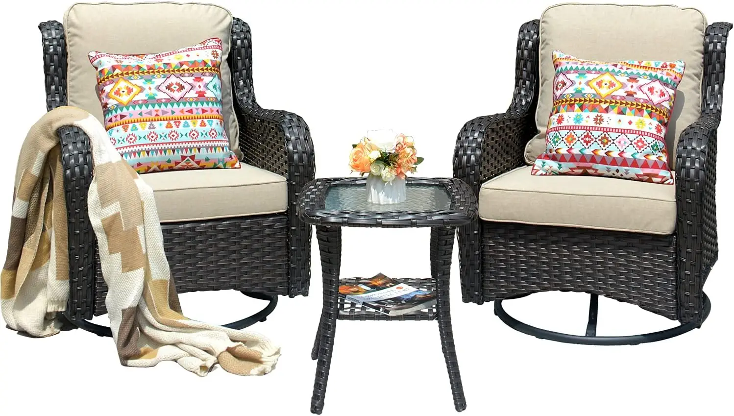 Patio Chair Outdoor Wicker Swivel Rocker Patio Chairs and Matching Side Table Wicker Patio Bistro Set 360 Degrees