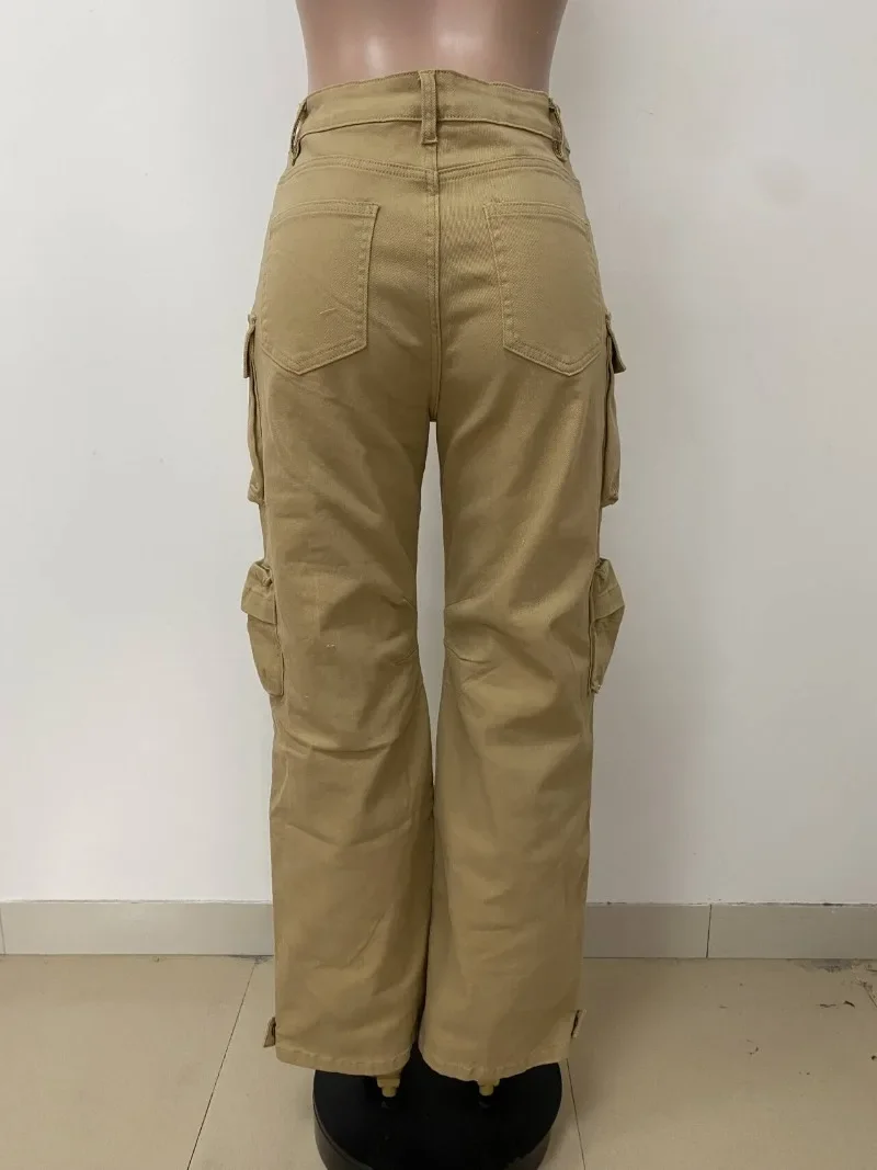 GUWU أزياء المرأة الكاكي الدينيم السراويل واسعة الساق سفاري البضائع الهيب هوب مستقيم الجينز الشارع الشهير