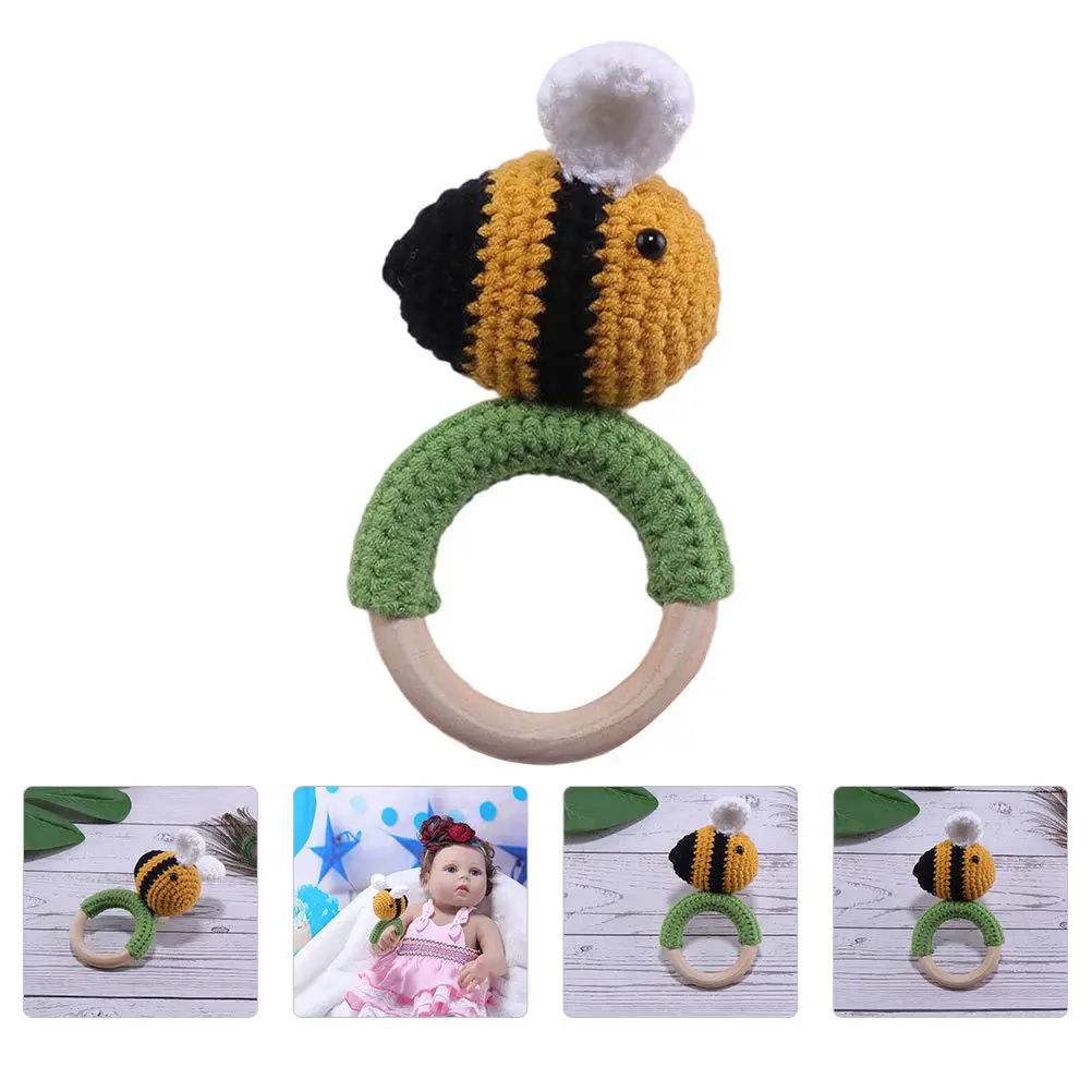

1pc Bee Shaped Hand Rattle Knitted Wooden Baby Soothing Molar Grasping Plaything For Toddler Pacify Cuddle Anxiety Relief Wear